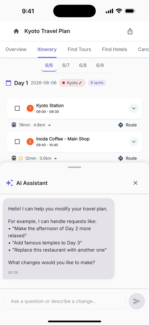 App screen for asking AI to adjust the itinerary while viewing the map