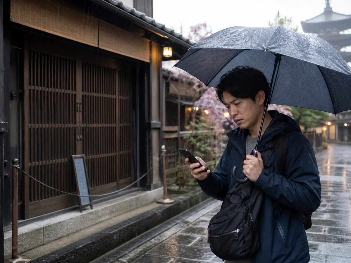 A traveler searching for a new destination in the rain after finding a planned place closed