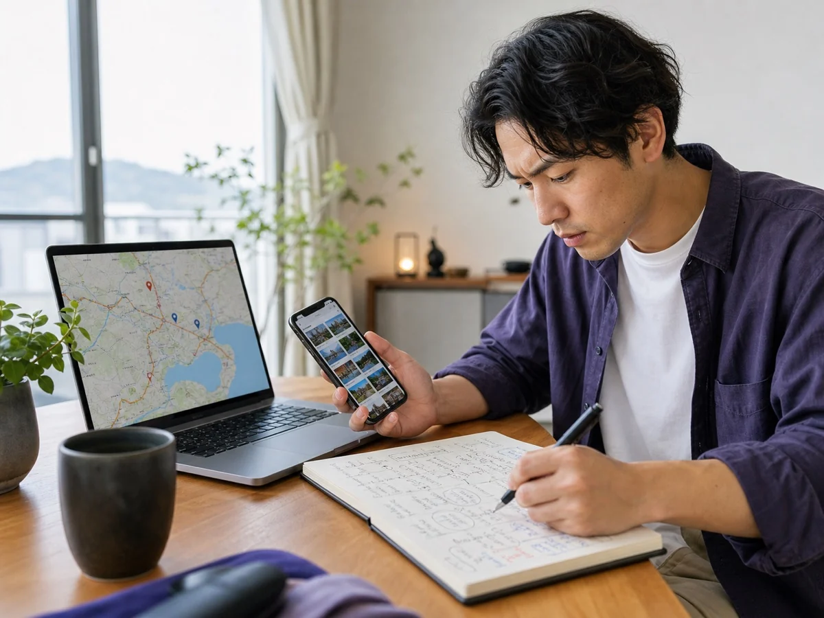 A traveler manually planning with a phone, map, and notebook